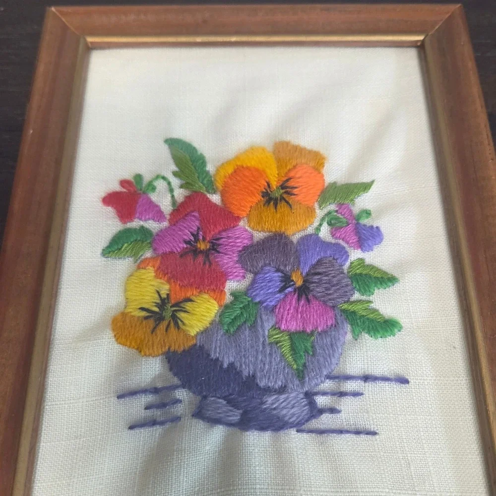 Vintage Framed Hand Embroidered Pansy Floral Needlework Wall Art Cottage Decor